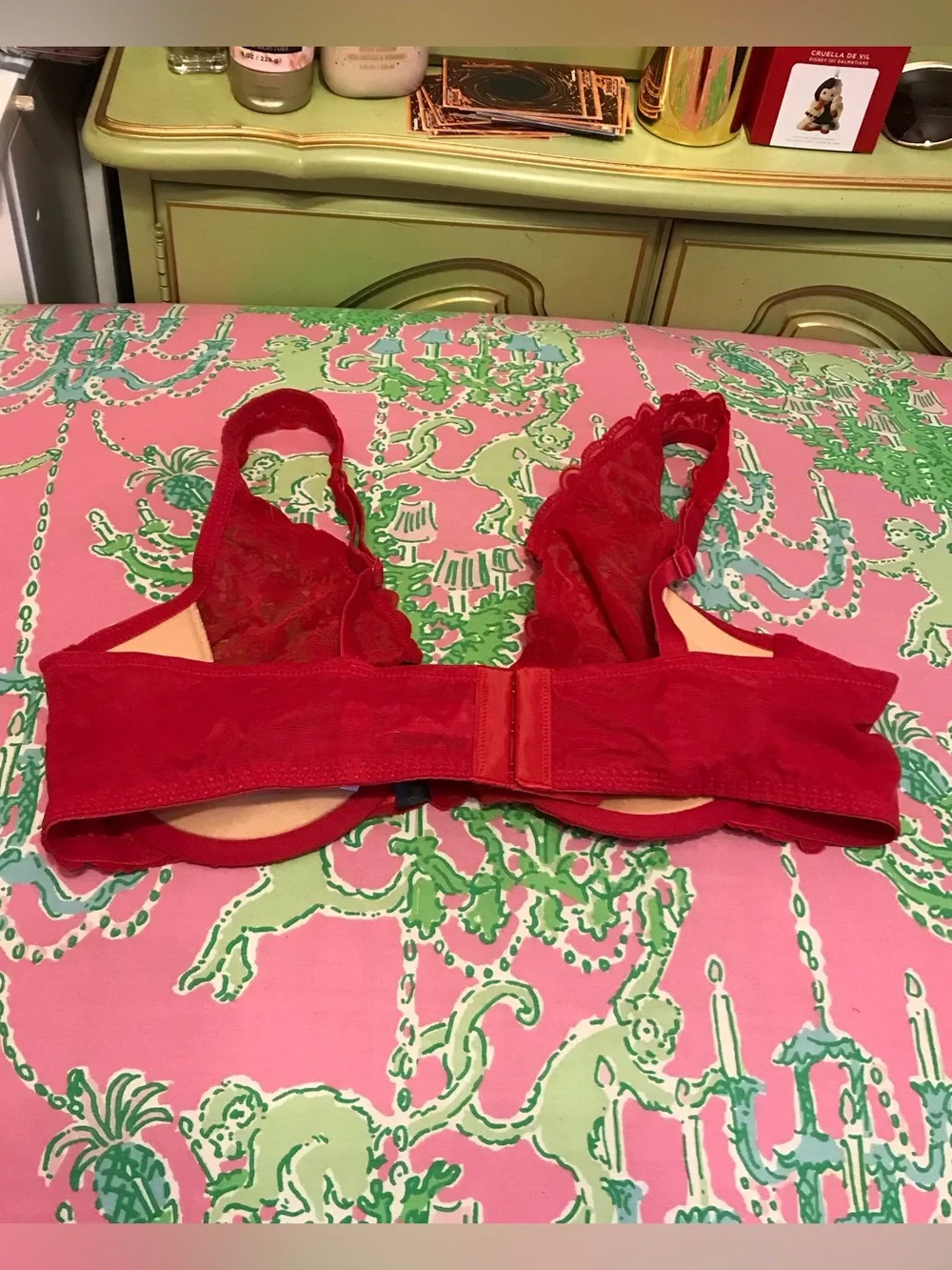 Adore Me chili pepper Red Velvet Lace Swiss dot Plunge Bra size 38C